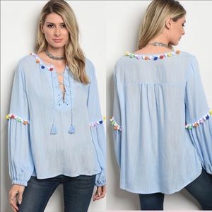 🚨 Blue Long Sleeve Tassel/Pompom Shirt